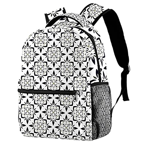 Sac à dos bohème noir et blanc imprimé géométrique avec porte-bouteille pour campus