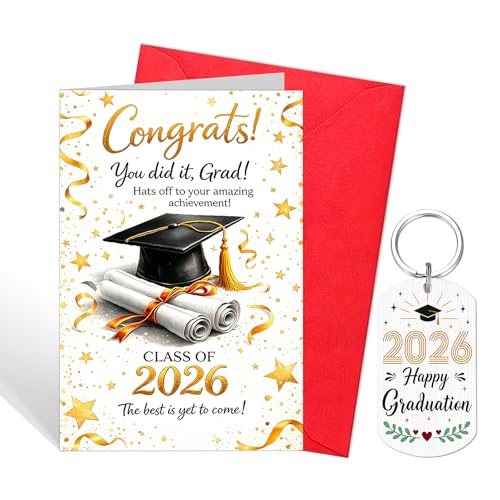 RUQVKWLA Class Of 2026 Graduation Card Set - Keepsake Stainless Steel Keychain & Premium Thick Cardboard Greeting Card With Envelope Perfect Graduation Gifts Graduation Presents