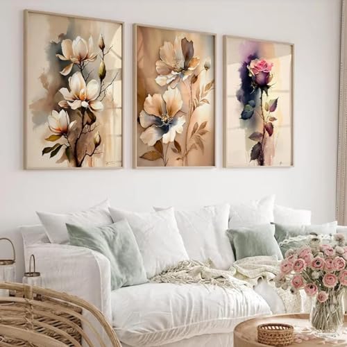 Tableau beige fleur dorée triptyque 75x100cm pour décoration salon