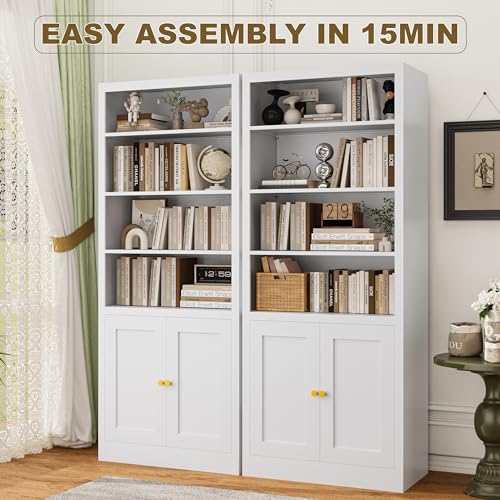 Image of VASAAOSD Book Shelf Bookcases with Doors, Metal Bookshelf with Storage Shelf, Floor Standing Display Shelves, Home Decor Furniture for Living Room Home Office (White)