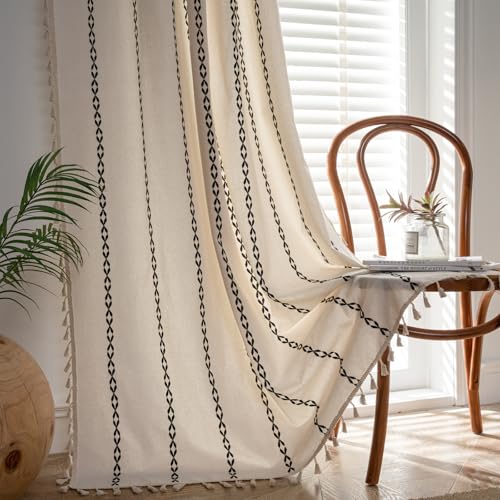 Deeprove Black and White Boho Curtains 84 inches Length for Living Room Bedroom Nursery Vintage Chic Bohemian 84 inches Long Stripe Embroidery Farmhouse Tassel Privacy Window Decor W52 x L84 1 Panel