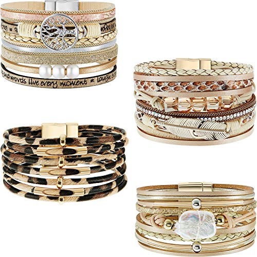 Hicarer 4 Pieces Feather Wrap Bracelet Leopard Bracelets Boho Leather Cuff Bracelets (Classic Style)