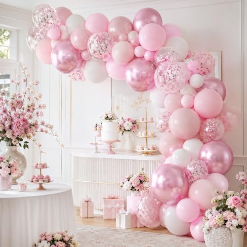 Image of Pink and White Balloons, 60 Pcs 12 Inch White Metallic Pink Latex Balloons with Silver Confetti and Double Stuffed Pearl for Baby Shower Birthday Party Decorations