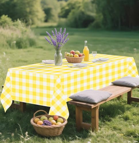 Image of SietDESEO 2 Pack Yellow Gingham Tablecloth Rectangle 54 x 108 Yellow and White Checkered Table Cloth Disposable Plaid Table Cover Plastic for Birthday Baby Shower Picnic Wedding Party Supplies
