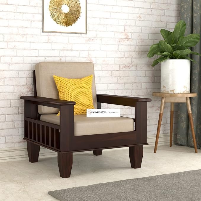 Image of Sheesham Wooden 1 Seater Sofa for Living Room | Rosewood 1 Seater Cushion Sofa with Side Newspaper Holder for Home & Office | Solid Wood Sofa Set for Lounge (Walnut)