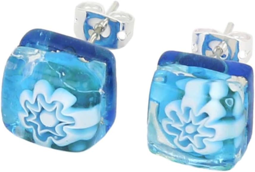 Glass Of Venice Murano Glass Venetian Reflections Square Stud Earrings - Aqua Silver