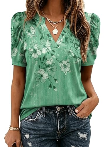 Image of Zeagoo Women Blouses Puff Short Sleeve Tops V Neck Dressy Casual Spring Shirts Boho Floral Cute Clothes 2026