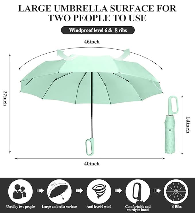 Image of TEKCOOL UV Umbrella with Novelty Carabiner Handle, Travel Umbrellas for Rain and Sun Windproof Compact, Automatic Open Close, 8 Ribs, Portable Umbrella for Men and Women(Light green)