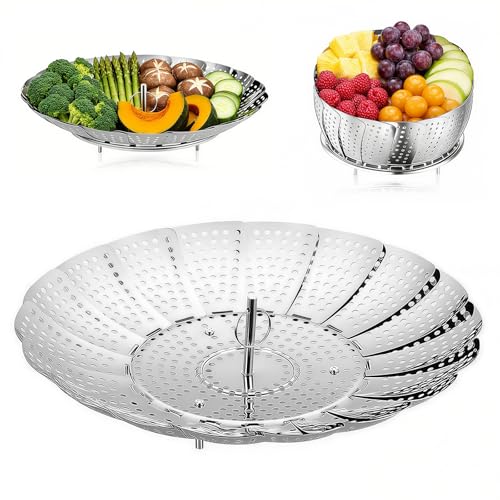 2 Pcs Einstellbar Dünsteinsatz (18-27cm) Faltbar Dämpfeinsatz Dampfeinsatz für Topf Mit Silber Ausziehbarem Griff für Dampfbrötchen Fisch Gedämpftes Ei Meeresfrüchte und Alle Arten Von Gerichten