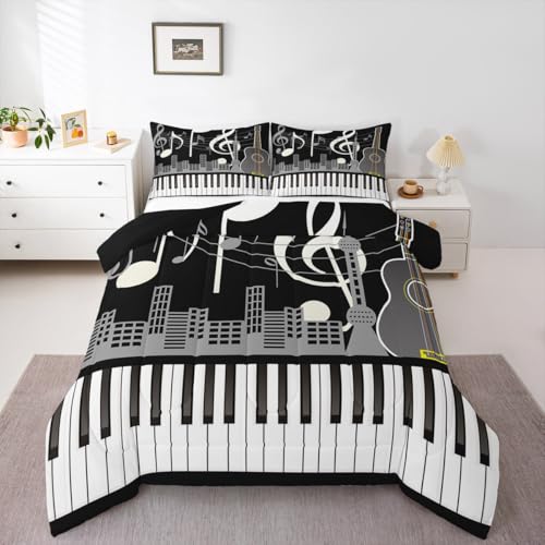 Erosebridal Paino Keys Bedding Set Twin Size Musical Notes Comforter Set Guitar Rock Music Bedding Comforter for Kids Boys Teens Men Retro Black White Grey Quilt Bedroom Decor 2 Piece