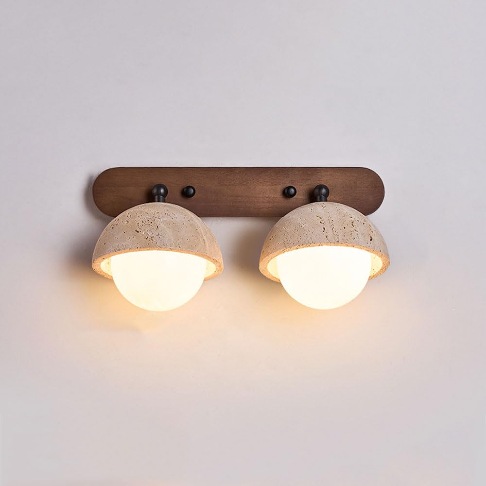 SXSCARKX Modern Milk Glass Globe Wall Light Fixture Japanese Wabi Sabi Sconces For Bathroom Vanity Lights Walnut Base Travertine Lighting Farmhouse 2-Light Interior Lamp
