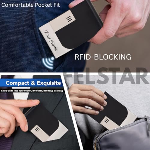 Image of FELSTAR Customized /Personalized Card Holder with Name Engraved, Leather Professional Business Visiting Card Holder /Credit Card Holders Men, Women Day Gift, Corporate Gift for Employees Black