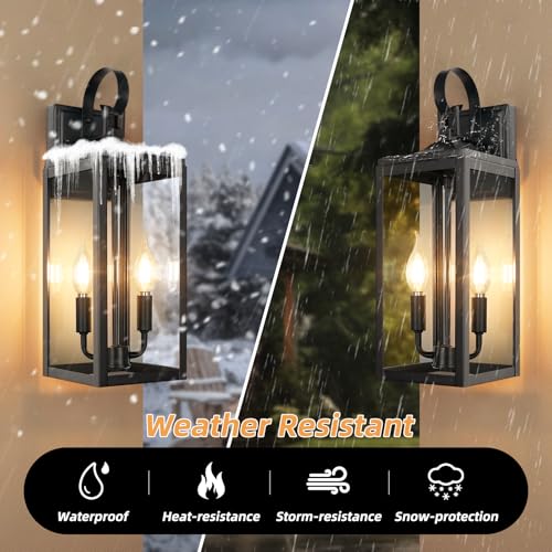 OKELI 17.6" 2-Pack Dusk to Dawn Outdoor Wall Sconce Lighting, Large Exterior Porch 2-Light Farmhouse Lantern with Clear Glass Waterproof for House Garage, Black by OKELI - Used condition - Image 4