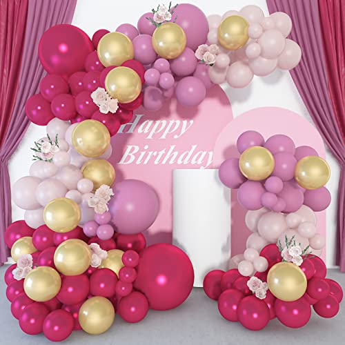 Pink Balloon Garland Arch Kit 140 Pcs, TOPLLON Hot Pink Gold Double Stuffed Balloons Baby Shower Decorations for Girl Valentine's Day Birthday Party Decorations