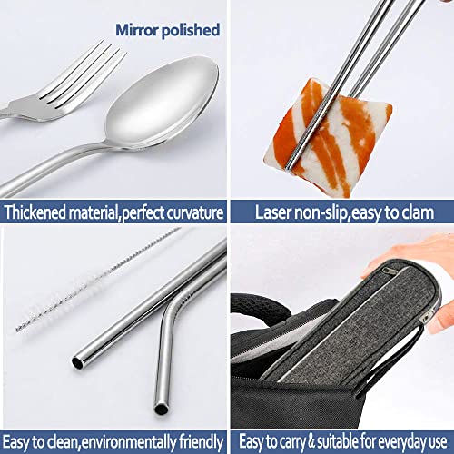 Portable Travel Utensils Silverware Set With Case,Reusable Trave Stainless Steel Camping Cutlery Set With Chopsticks And Straw, Portable Flatware With Case For Office School Picnic Bf(Silver) #TOP5