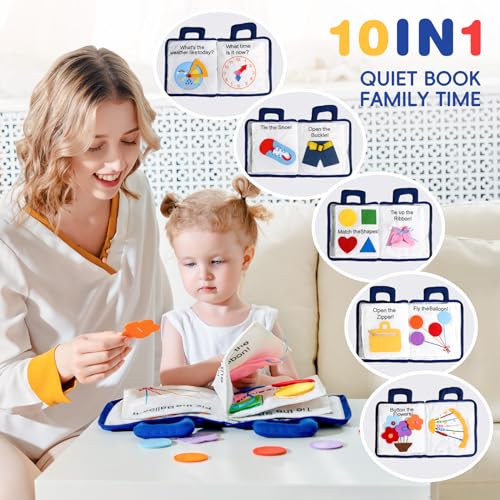 Image of Jollybaby 10 Page Baby Soft Busy Books -My Quiet Book, Travel Toy & Montessori Sensory Educational, Preschool Learning Activities Toy for 1 2 3 Year Old Toddlers Boy Girl(Blue)