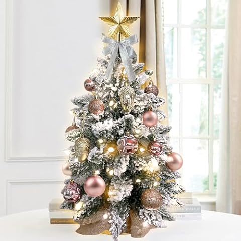 OCACA 22in Mini Christmas Tree with Lights, Rose Gold Artificial Small Tabletop Christmas Tree with Flocked Snow, Exquisite Decor & Xmas Decorations for Table Top for Home & Office Cover