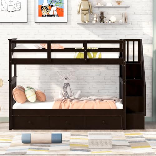 Harper & Bright Designs Twin Size Bunk Bed Frame with Storage Stairs and Drawers, Convertible Two Bed, No Box Spring Needed, Espresso
