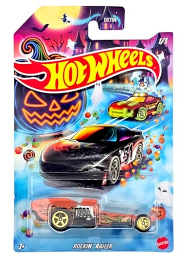Hot Wheels Halloween Theme Die-Cast Toy Cars Set of 5, Includes Rockin' Railer, Baja Hauler, Alpha Pursuit, Dodge Charger Stock Car, Hot Wheels High DXT91-979J - image 5