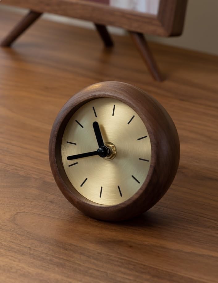WONQEXZ Desktop Clock,Wooden Desktop Clock,Decorative Desk Clock,Mute Table Clock,Wooden Desk Clock,Black Walnut+Brass,1.8