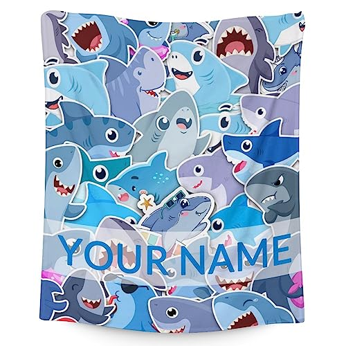 Personalized Shark Blanket Gifts with Name - 50"x60" Cute Throw Blanket for Kids & Adults - Blue Soft Fuzzy Blankets for Bed, Couch & Living Room