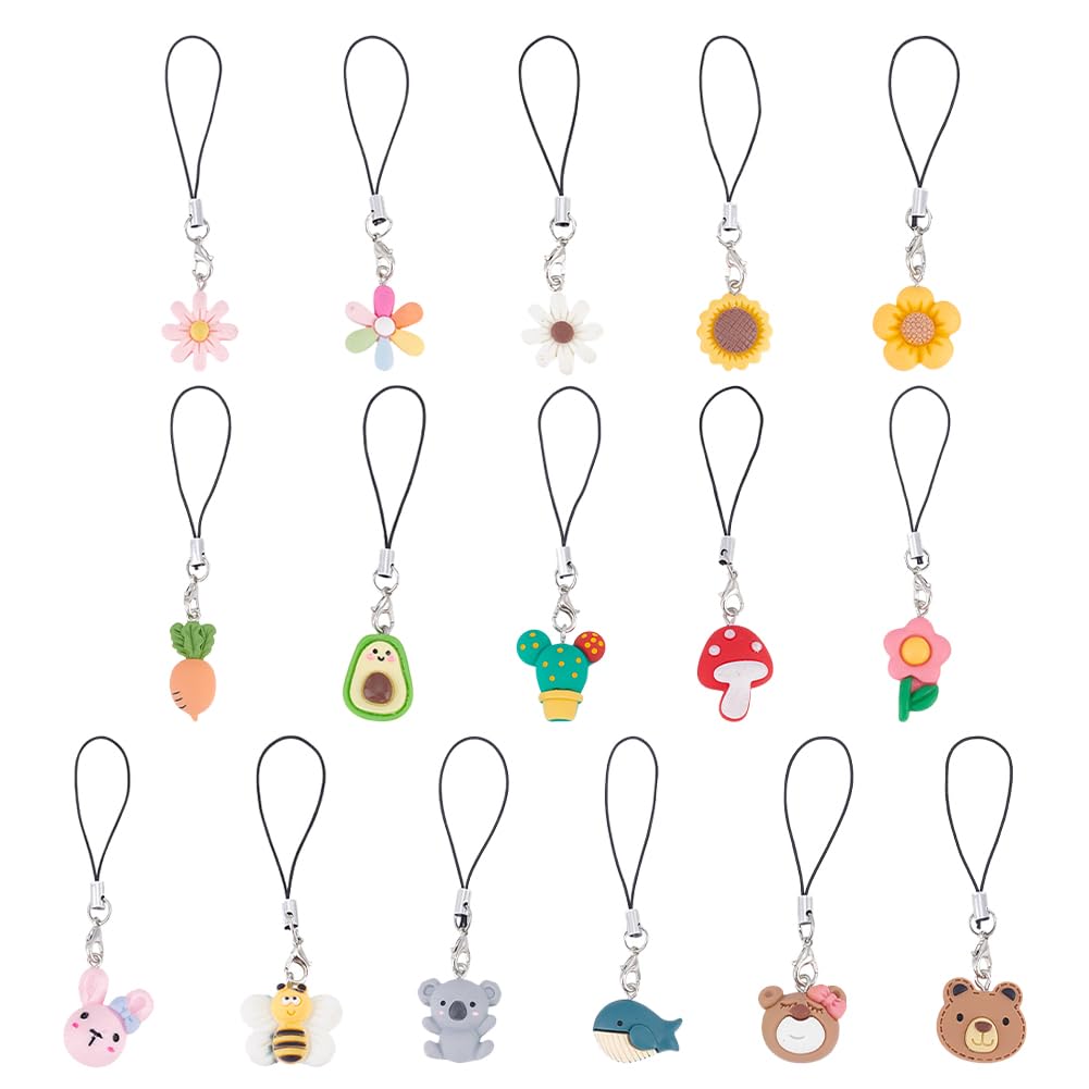 Mignon Résine Téléphone Breloques Sangle 8.5-9cm Ours Lapin Koala Champignon Abeille Fleur Pendentifs Porte Clés Décoration