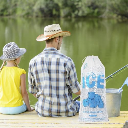 Image of 100 PACK 20 lb. Plastic Ice Bags with Cotton Draw String 14 x 28 Inch Heavy-Duty Plastic Ice Storage Bags with Draw String (2.8mil Thickness, Ice Cube pattern)