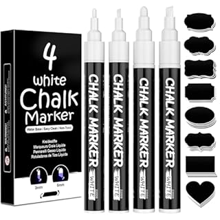 AOSUCO White Chalk Pens, Washable Liquid Chalk Pens for Blackboards, Window, Glass, Chalkboard, Jars, 4 Pack Chalk Markers (3mm & 6mm Reversible Tip) with 45 Labels, Wipeable Blackboard Pens