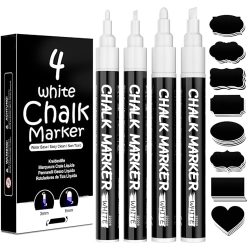AOSUCO White Chalk Pens Washable Liquid Chalk Pens for Blackboards Window Glass Chalkboard Jars 4 Pack Chalk Markers (3mm & 6mm Reversible Tip) with 45 Labels Wipeable Blackboard Pens