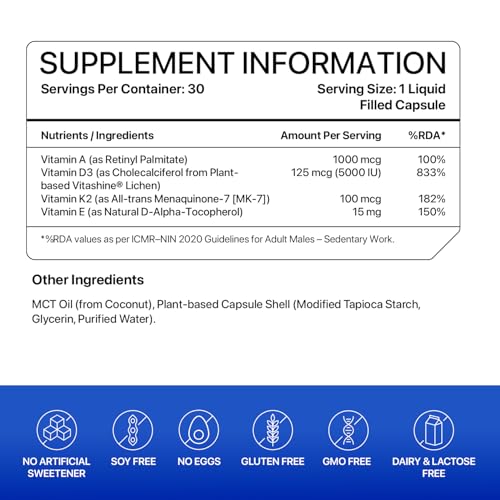 Image of Decode Age DAKE 5000 IU Vitamin D3 K2 Supplement with Vitamins E and A in MCT Oil, Vegan Capsules, for Bone, Immune, Heart and Vision Support, 1 Month Supply