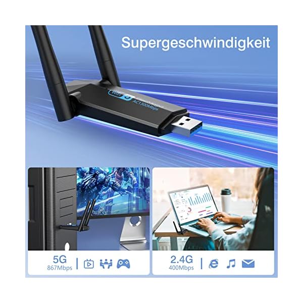USB WLAN Stick für PC, 1300Mbps USB 3.0 WLAN Adapter PC 2.4GHz/5.8GHz Dual Band Internet Stick mit 2 x 5dBi Antenna für PC/Desktop/Laptop, Kompatibel mit Windows 11/10/8/7/Vista/XP, Mac OS – Bild 9