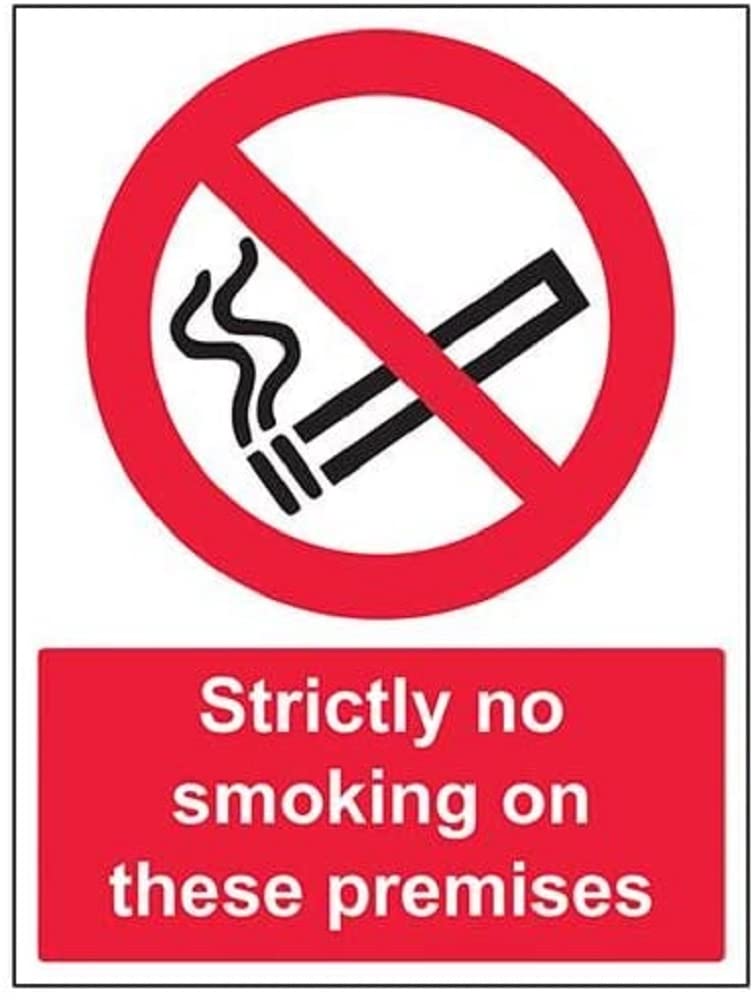 V Safety 57031BC-S Strictly No Smoking On These Premises Prohibition Sign - Portrait - 300mm x 400mm - Self Adhesive Vinyl, Black/Red