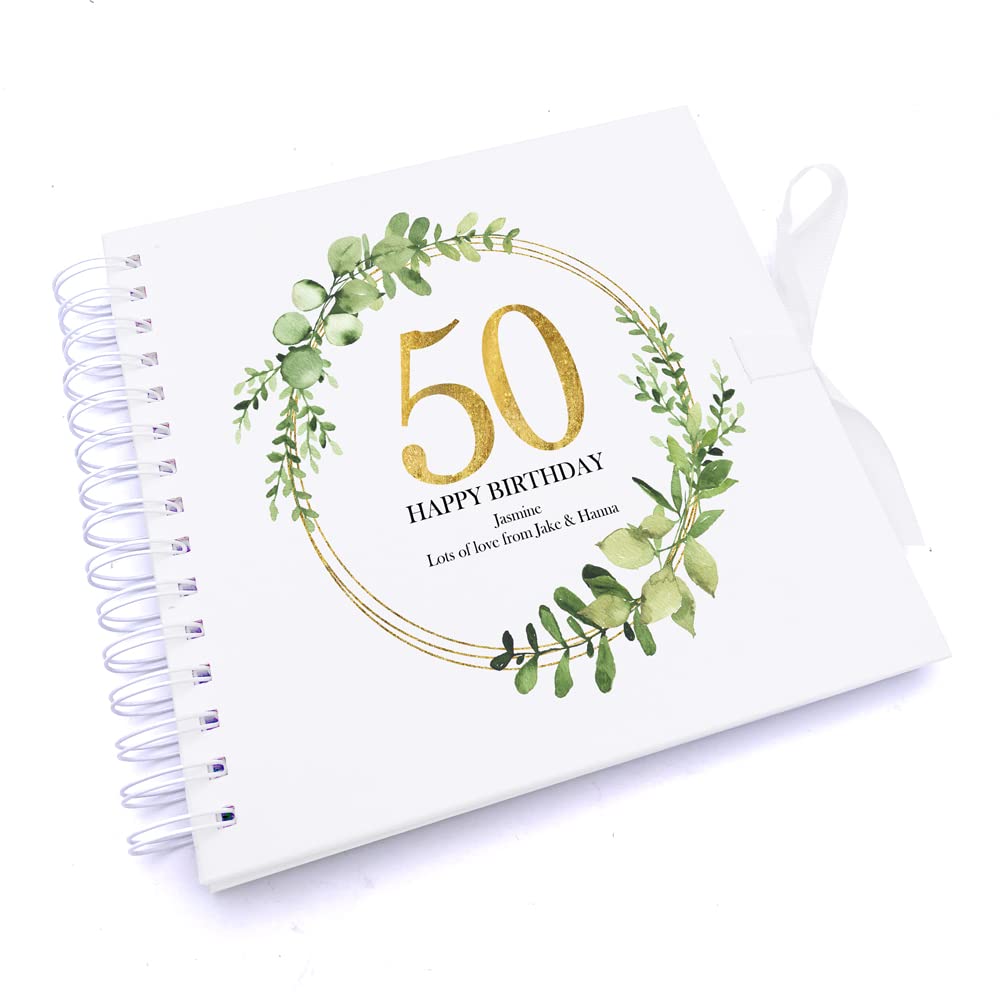 Ukgiftstoreonline White Personalised 50Th Birthday Gift For Her Scrapbook Photo Album Gold Wreath