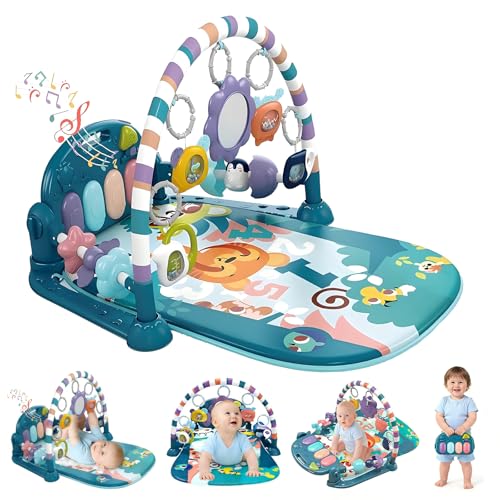 Baby Play Mat Baby Gym with 5 Detachable Activity Toys Music and Lights Funny Play Piano Tummy Time Baby Activity Mat Play Mat Baby for 0-6 9 12 Months Newborn Boys and Girls Gift (Blue)