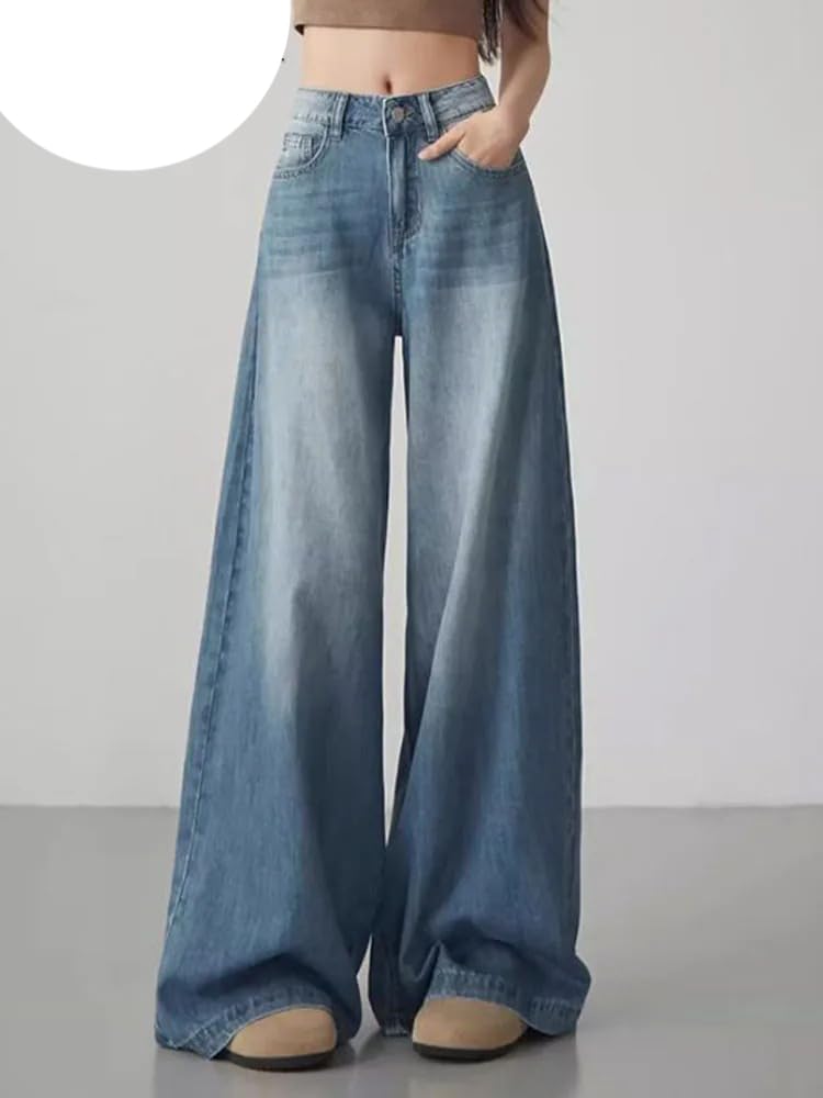 Pantalones Vaqueros para Mujer Primavera Rectos Coreano Tiro Alto Pierna Ancha Casuales Holgados Jeans para Mujeres