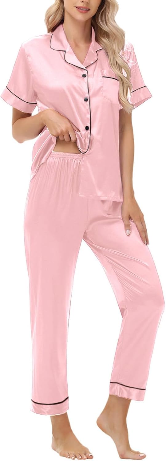 3 Piece Silk Satin Pajama Set for Women Soft Short Sleeve Button Down Pjs with Shorts Long Pants Sleepwear S-XXXL - Image 6