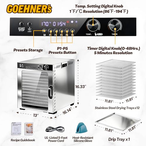 Image of Commercial Food Dehydrator Machine 12 Stainless Steel Trays, 12ft Meat Dehydrator for Jerky Up to 194F with 5 Presets and 48H Timer, 1100W Food Dryer for Dog Treats, Herbs, Fruit and Veggies