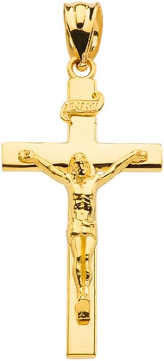 14k Gold Catholic Linear Cross INRI Crucifix Necklace Pendant Sizes (S-L)
