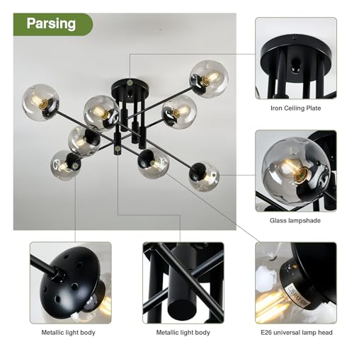 Image of 8 Light Glass Globe Ceiling Light Black Mid Century Flush Mount Sputnik Light Fixture Bubble Chandelier Living Room Farmhouse for Dining Room Kitchen Bedroom.