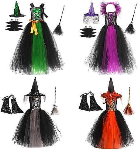 23GUANYI Costume Sorcière Enfant – Robe LED Lumineuse + Chapeau + Balai + Sticker – 3-8 Ans – Halloween