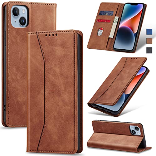 Image of Jasonyu Flip Wallet Case for iPhone 14 5G,Leather Magnetic Folio Cover with Card Holder,Kickstand - TPU Shockproof Durable Protective Phone Case,Brown