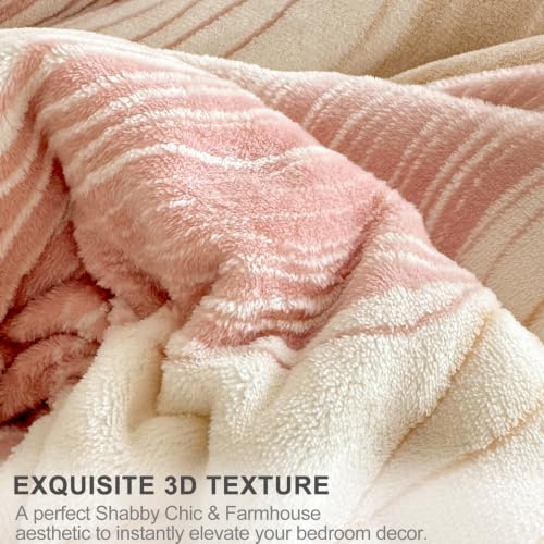 Image of Tufted Fleece Comforter Set Queen- Super Soft Warm Fluffy Shaggy Bedding Sets, Wavy Lines Jacquard Bed Set for Winter, 1 Sherpa Comforter with 2 Pillow Cases (90 inchX90 inch Pink Wavy)