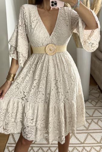 Robe trapèze blanche en dentelle fluide col V confortable - 6