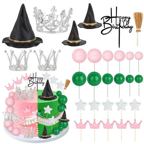 Hooqict 30 Pieces Pink and Green Cake Decorations with Mini Black Witch Hat Silver Crown Broom Happy Birthday Cake Topper for Girls Women Princess Witch Birthday Party Decorations Supplies