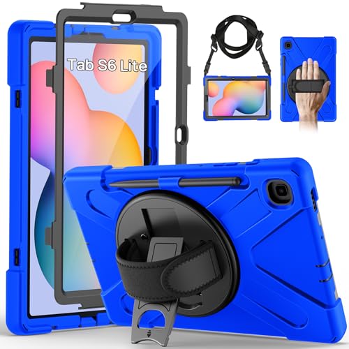 Gerutek Case for Samsung Galaxy Tab S6 Lite 10.4" 2024/2022/ 2020, Full-Body Drop Protective Case with Screen Protector, Pen Holder, 360° Rotate Hand Strap & Stand,Shoulder Strap, Blue