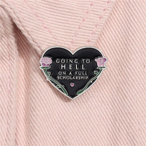 Image of FOTN Black Heart Brooch Going to Hell on a Full Scholarship Funny English Heart Brooch Badge Rose Heart Letter Brooch Enamel Pin Couple's Holiday Gift Fun Jewelry Gift for Boy Men Girl Women