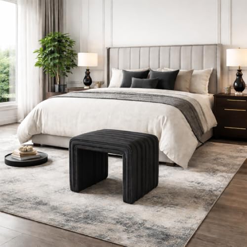 Image of HomePop 19 inch Modern Channel Tufted Ottoman - Black Faux Leather