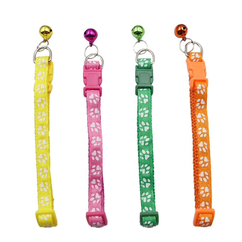 POFET 4 Pcs Adjustable Dog Collar Set, Quick Release, Soft Nylon, Multicolor, Paw Pattern, 19-32cm, Small, Medium Dogs, Cats