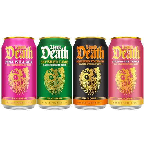 Image of Liquid Death Soda-Flavored Sparkling Water - Modern Variety, Less Sugar*, Huge Flavor, No Caffeine, No Artificial Sweeteners, 4 Flavors: Lime, Orange, Strawberry, Pina Killada 12 Fl Oz (Pack of 12)