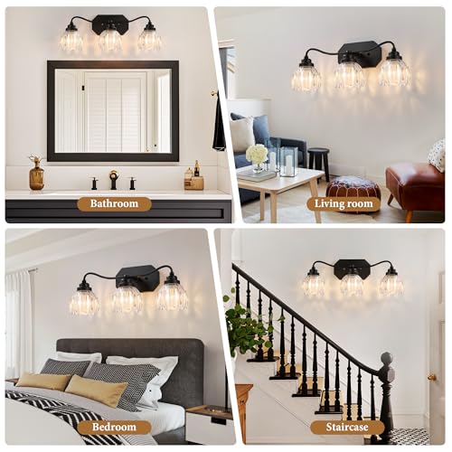 Image of Vintage Bathroom Light Fixtures, 3 Light Bathroom Vanity Light, Black Matte Antique Brass Finish with Crystal Glass Shade, Mid Century Wall Sconces for Bedroom, Living Room, Hallway